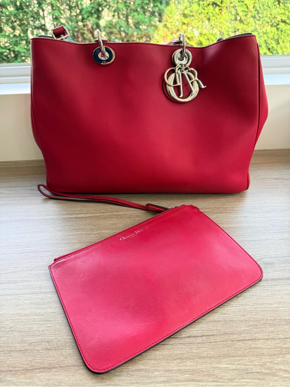 Dior Pink Leather Tote with Charm Detail and Matching Pouch